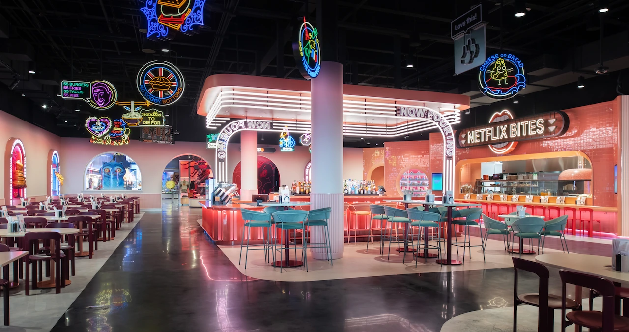 A shot of the Netflix Bites restaurant space, decked out with signage.