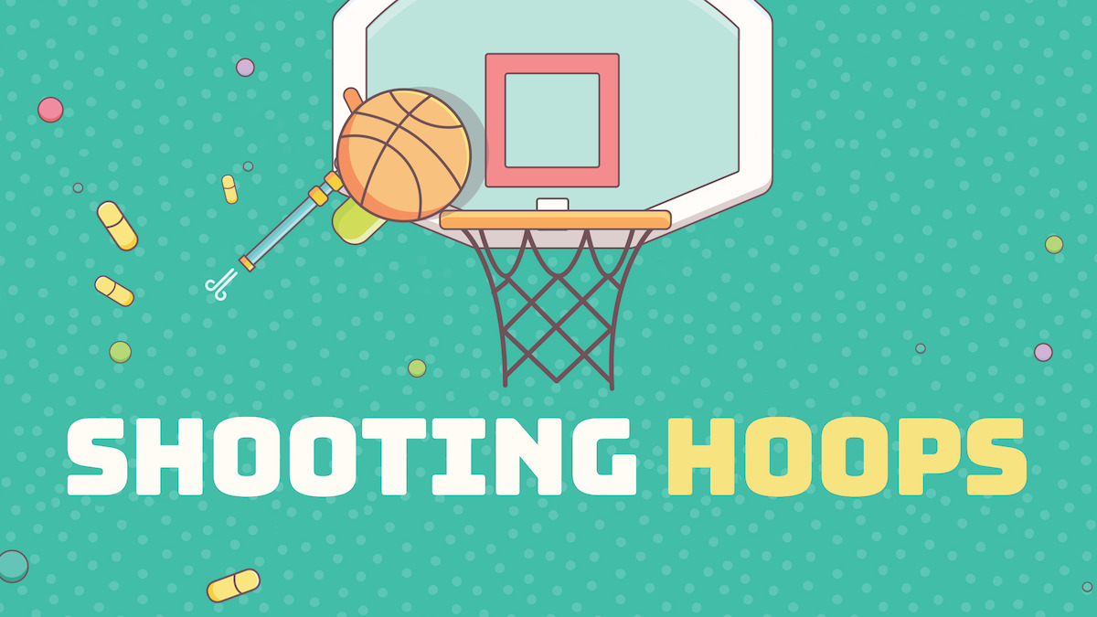 Shooting Hoops key art - a basketball about to score in a basketball net.