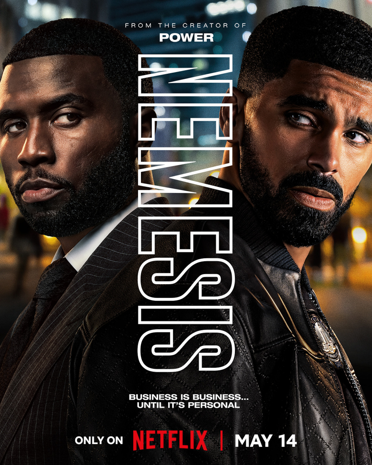 Two serious men stand back to back in a city at night with lights in the background; bold text "NEMESIS" divides them. Promotional Netflix poster with the tagline "Business is business… until it’s personal."