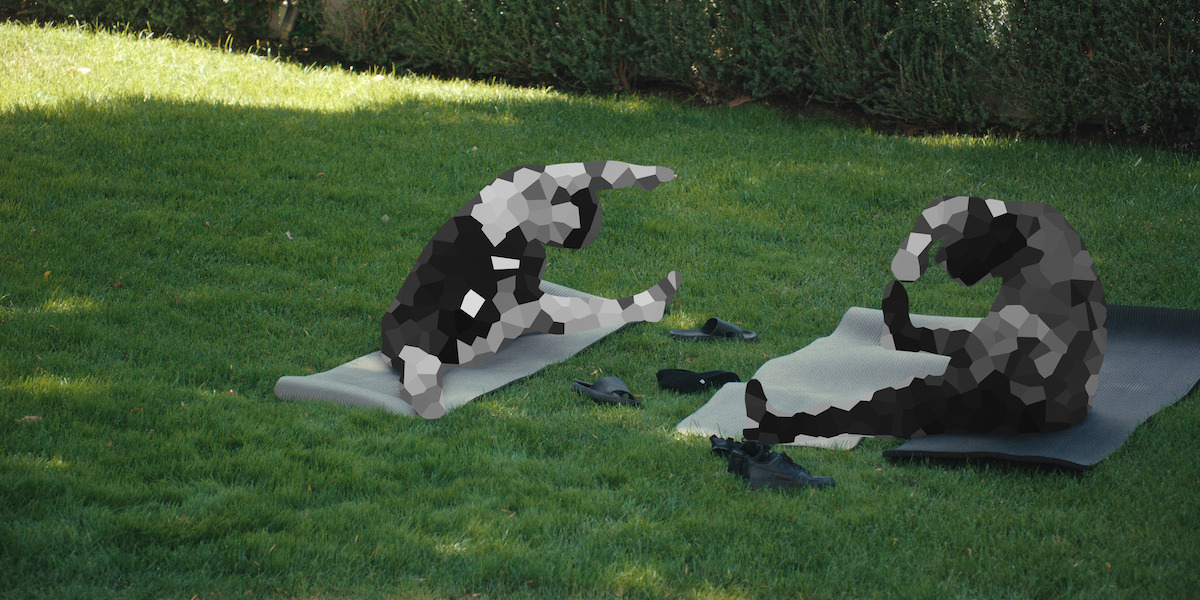 Two people stretching on yoga mats in a grassy outdoor area with trees or bushes in the background, shoes placed nearby, enjoying a calm exercise environment under sunlight.