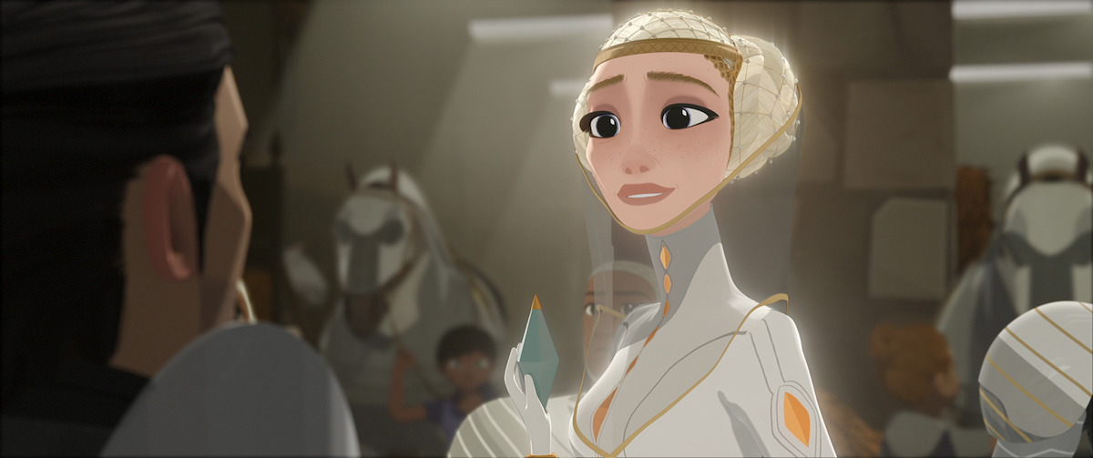 The Director of the Institute faces Ballister Boldheart in a still from ‘Nimona.’