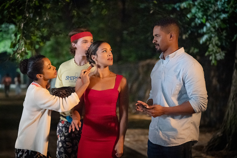 Liza Koshy as Ashley, Joel Courtney as Little, Gina Rodriguez as Mack and Damon Wayans Jr. as Adam in 'Players'