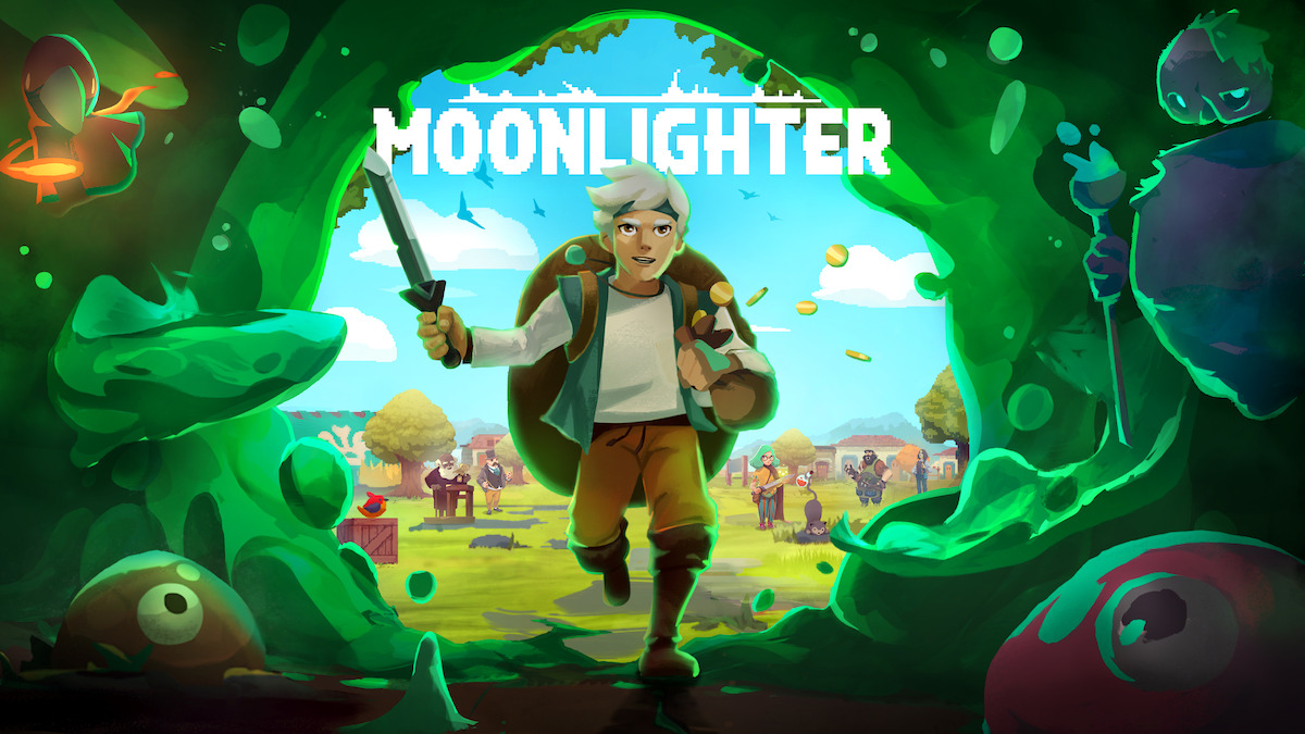 Moonlighter key art - the hero from the game charges into a tunnel made of green and strange-looking creatures surrounding him.