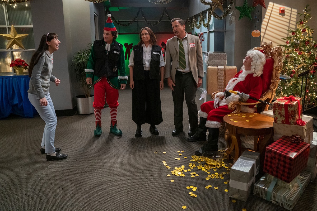 Dennice Cisneros as Angie, Jason Bateman as self, Maya Rudolph as self, Will Arnett as Terry Seattle, Sean Hayes as Santa in ‘Who Killed Santa? A Murderville Murder Mystery’.
