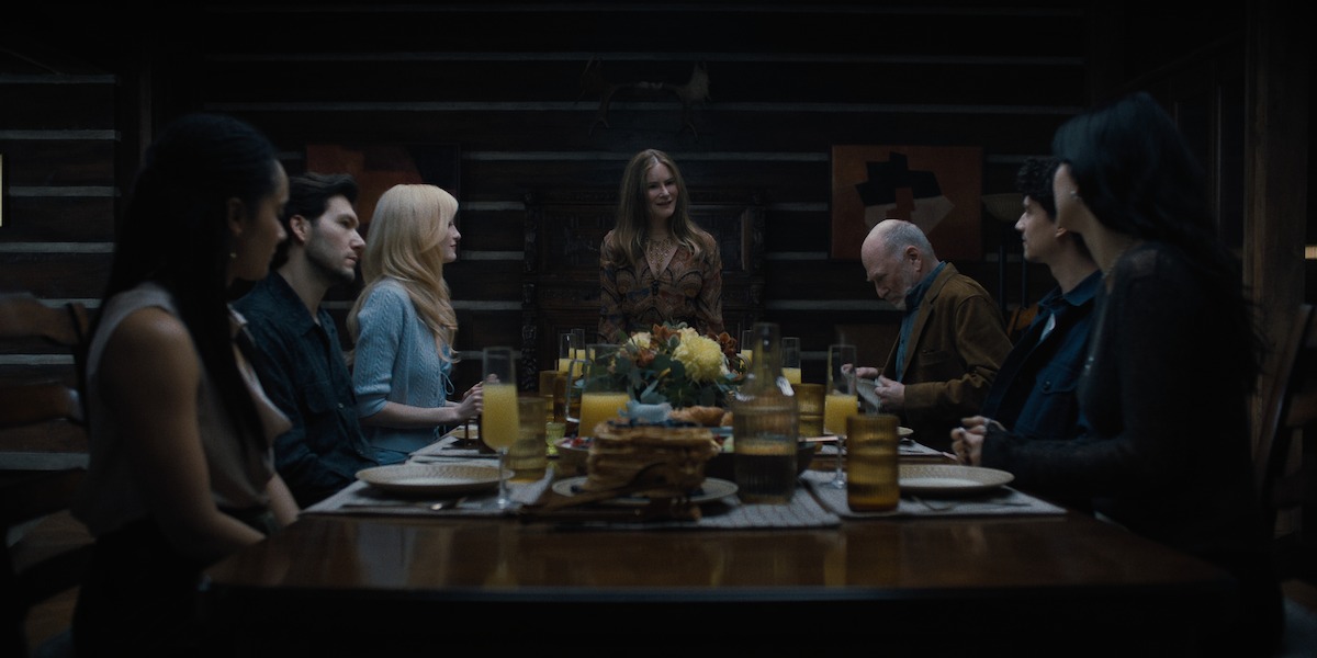 Karla Crome as Nell, Jeff Wilbusch as Jules, Gus Birney as Portia, Jennifer Jason Leigh as Victoria, Ted Levine as Boris, Adam DiMarco as Nicky Cunningham, Camila Morrone as Rachel Harkin in ‘Something Very Bad Is Going to Happen’