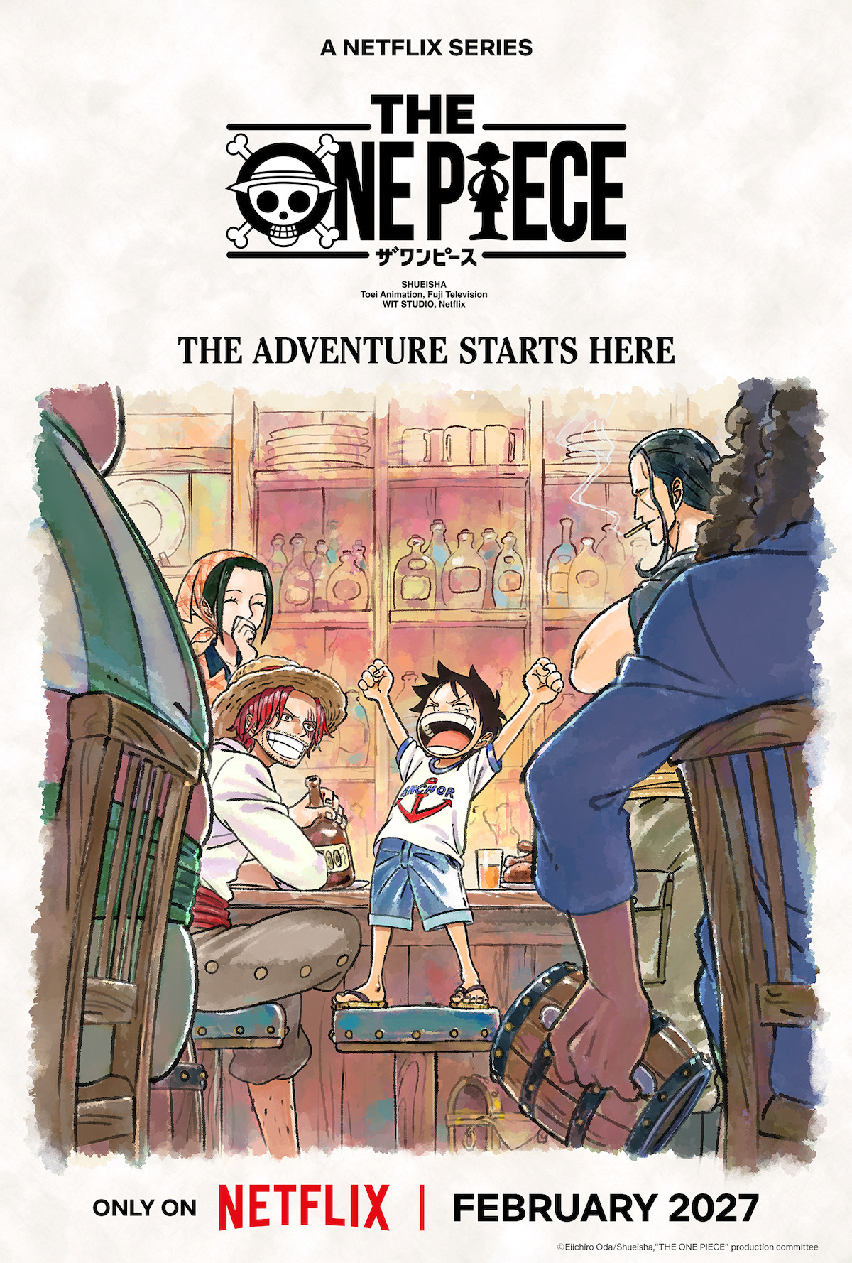 Anime-style illustration of four smiling characters in a lively bar, with a happy child standing on a bench raising arms. Shelves of bottles line the background. Text promotes "THE ONE PIECE" Netflix series starting February 2027.