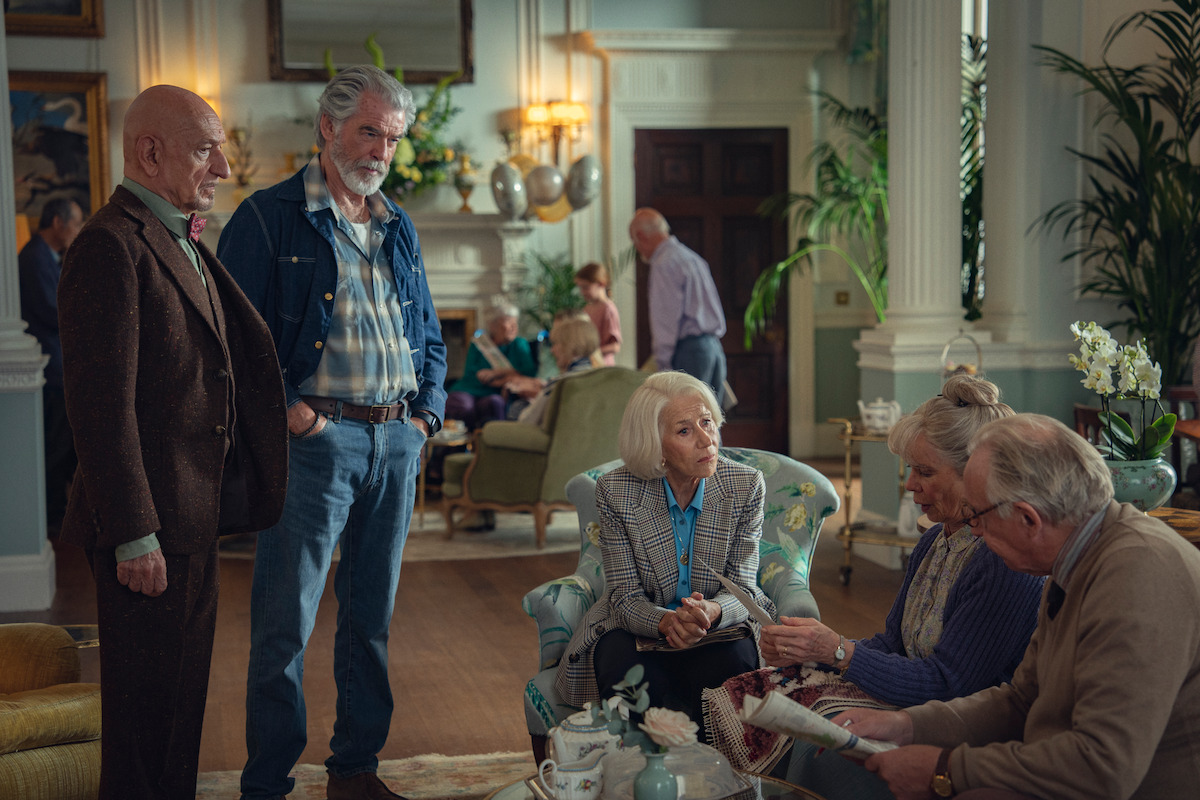 Sir Ben Kingsley, Pierce Brosnan, Helen Mirren, and Celia Imrie in ‘The Thursday Murder Club’