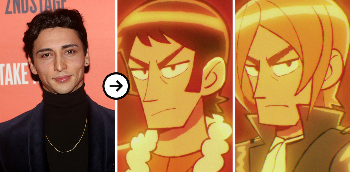 A diptych of images showing a headshot of Julian Chihi, Julian Chihi as Ken and Kyle Katayanagi in ‘Scott Pilgrim Takes Off’