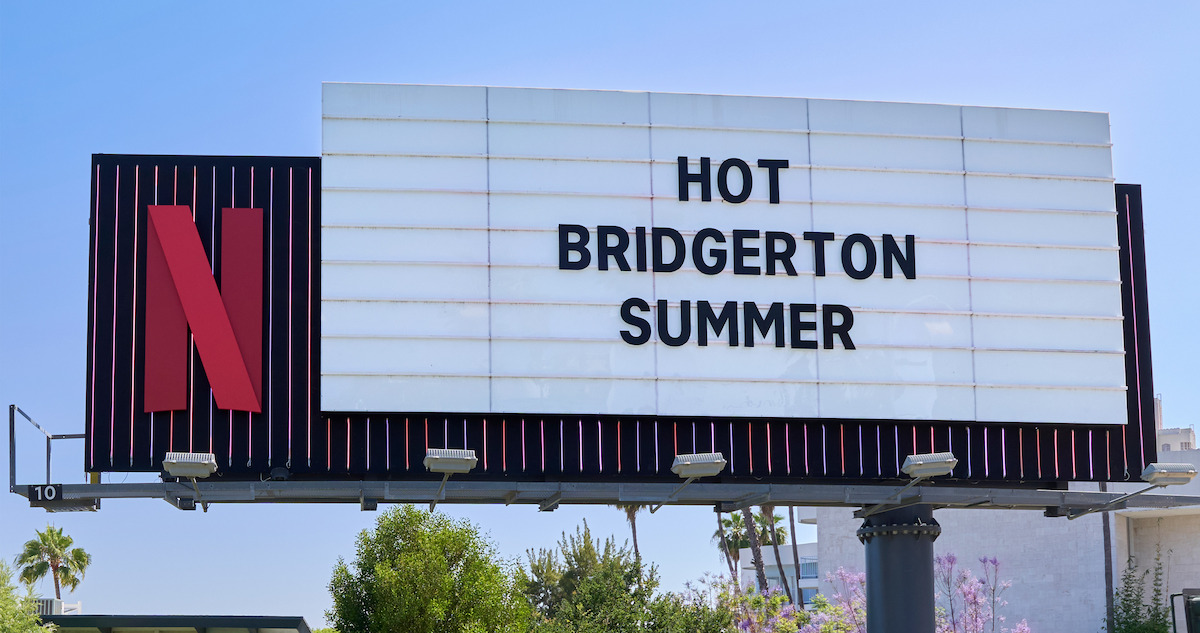 Bridgerton Billboard on Sunset Blvd that reads ‘Hot Bridgerton Summer’
