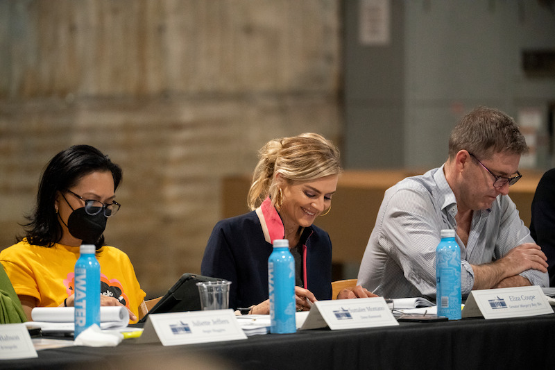 Sumalee Montano as Dana Hammond, Eliza Coupe as Senator Margery Bay Bix and Paul Fitzgerald as President Perry Morgan at the table read for The Residence.