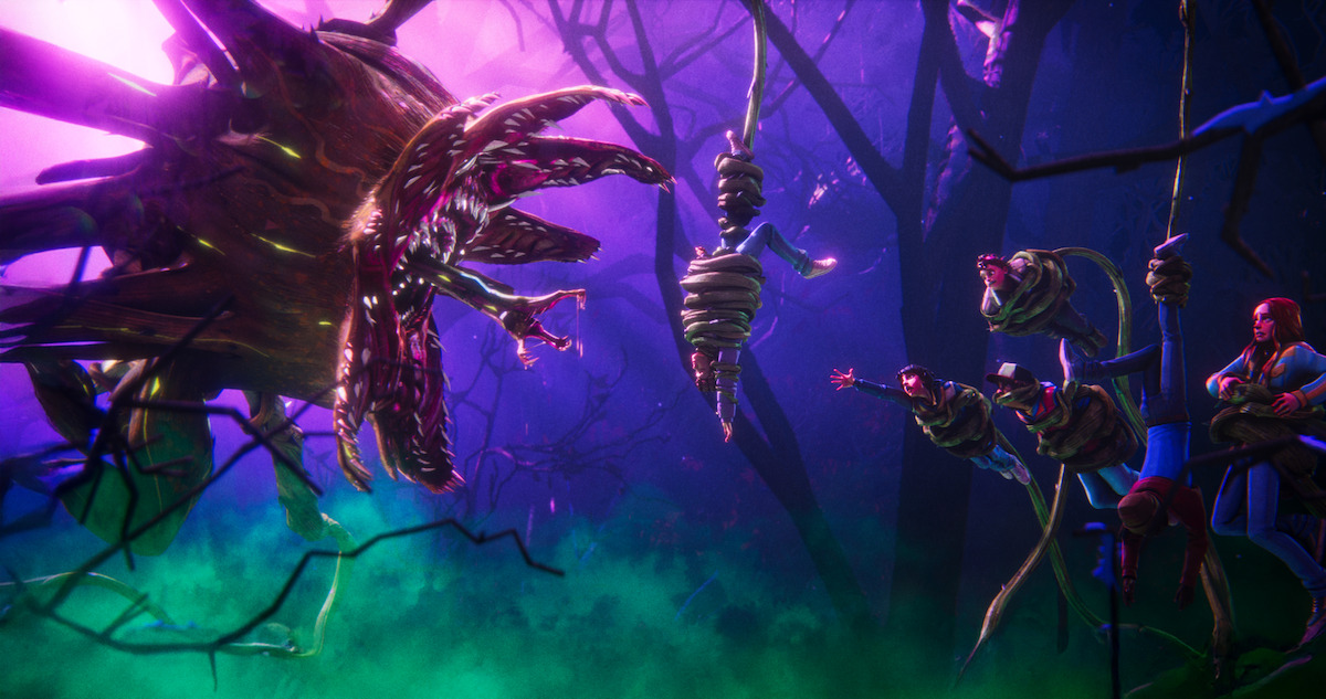 Monstrous plant creature in a glowing, eerie forest attacks humans wrapped in vines. The environment is dark, misty, and surreal.