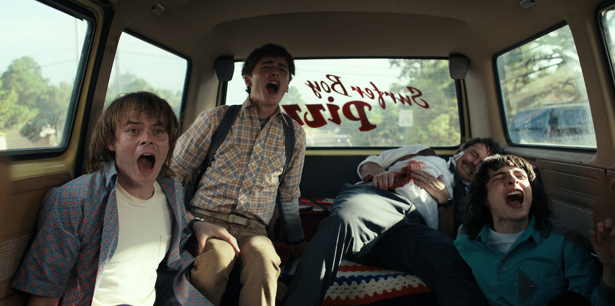 Charlie Heaton as Johnathan Byers, Noah Schnapp as Will Byers and Finn Wolfhard as Mike Wheeler in ‘Stranger Things’ Season 4.