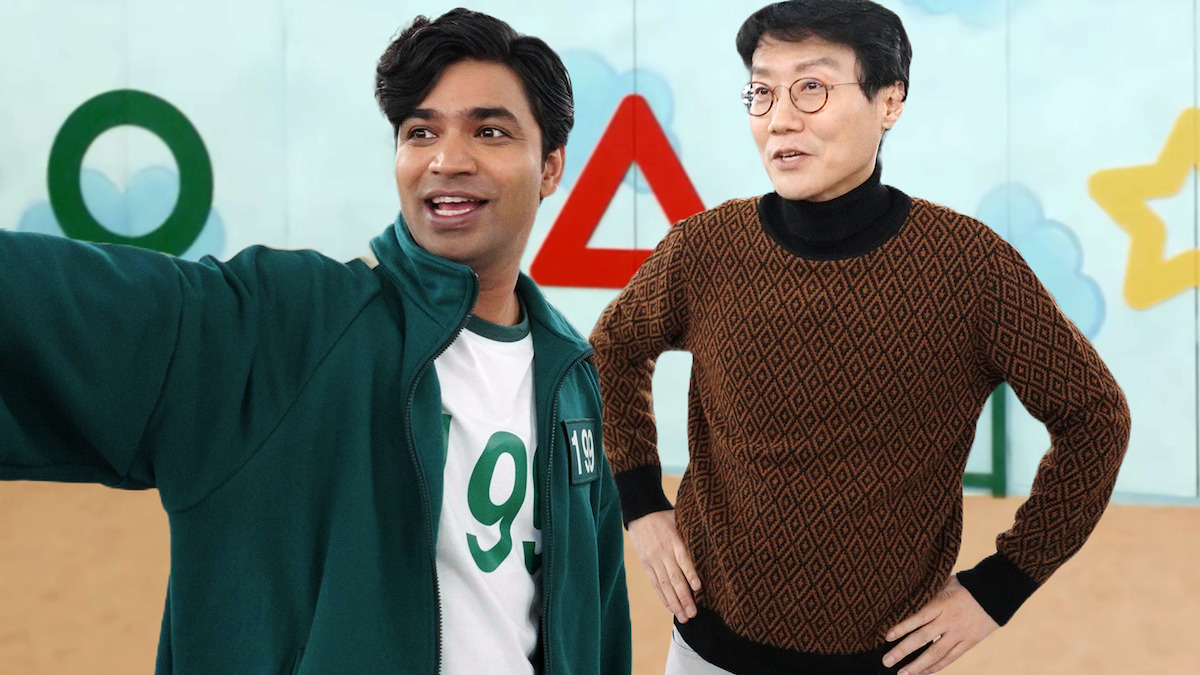 a contestant and the director stand in the Red Light Green Light arena