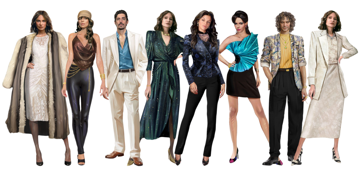 Costume design illustrations of characters in ‘Griselda.’