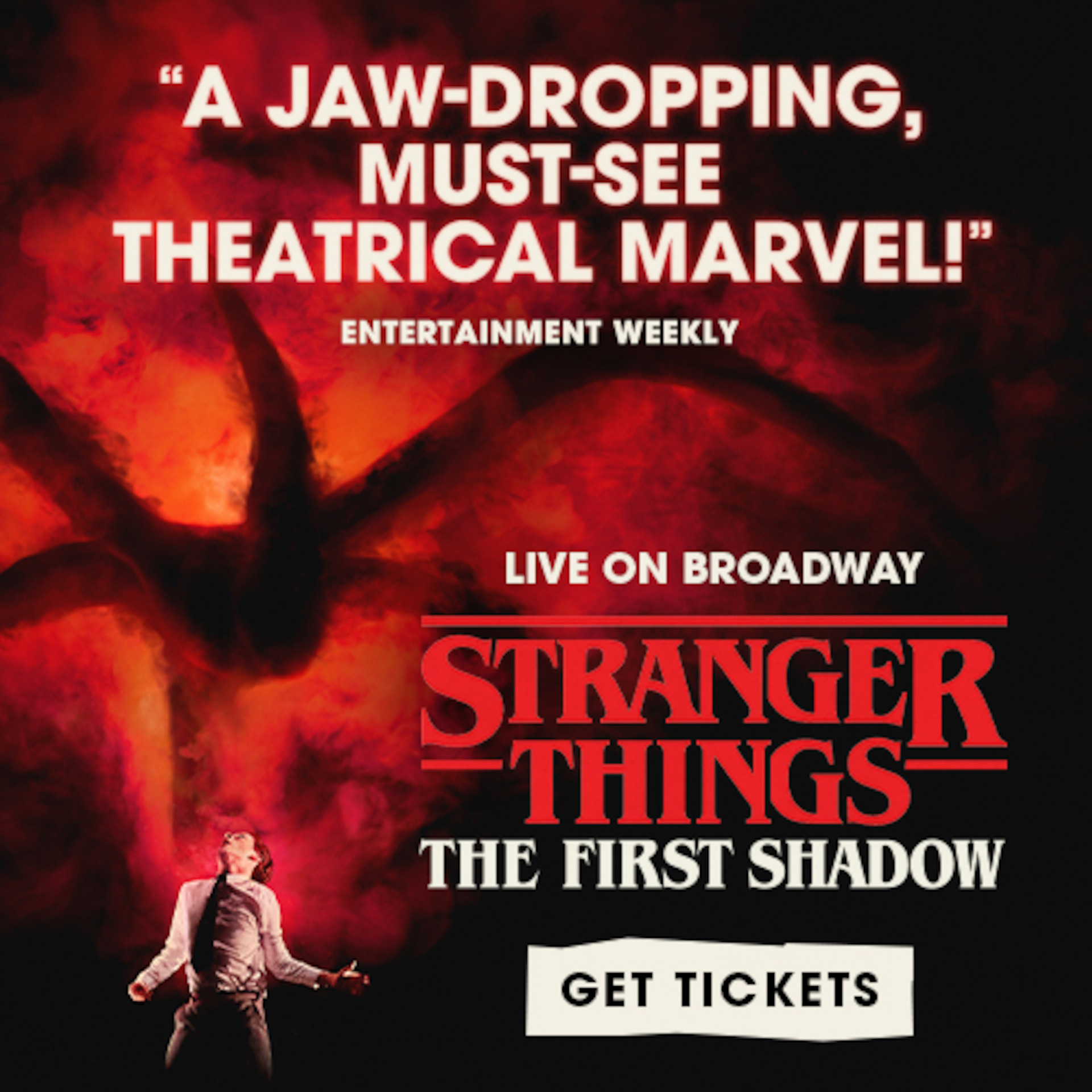 Stranger Things: The First Shadow key art - A man stands in sillouette in front of a window as a monster is revelead in his shadow 
