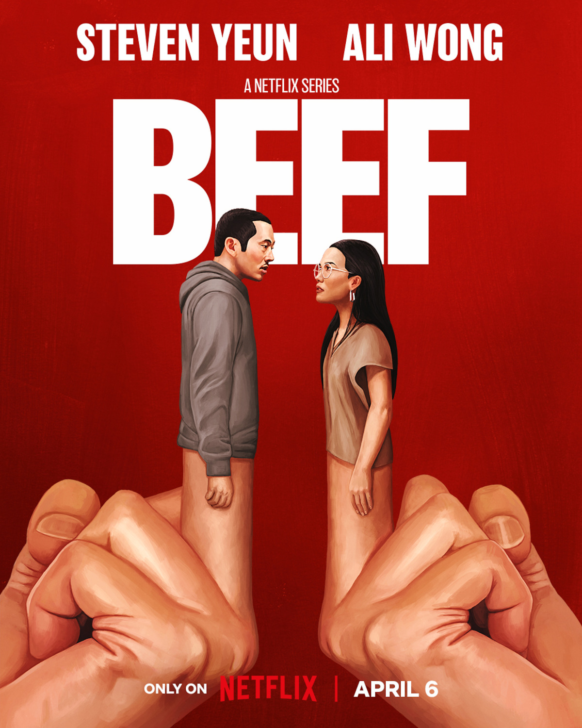 Steven Yeun and Ali Wong as puppets on middle fingers.