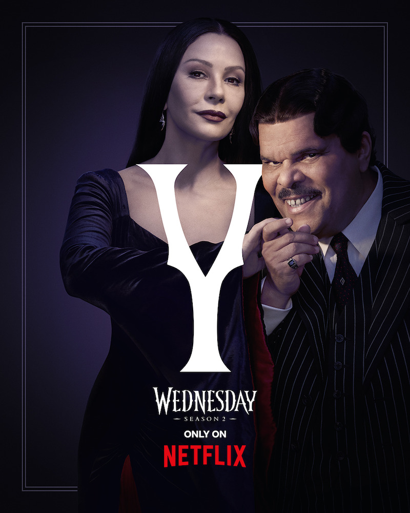 Key Art for 'Wednesday' Season 2 featuring Catherine Zeta-Jones and Luis Guzmán as Morticia and Gomez Addams.