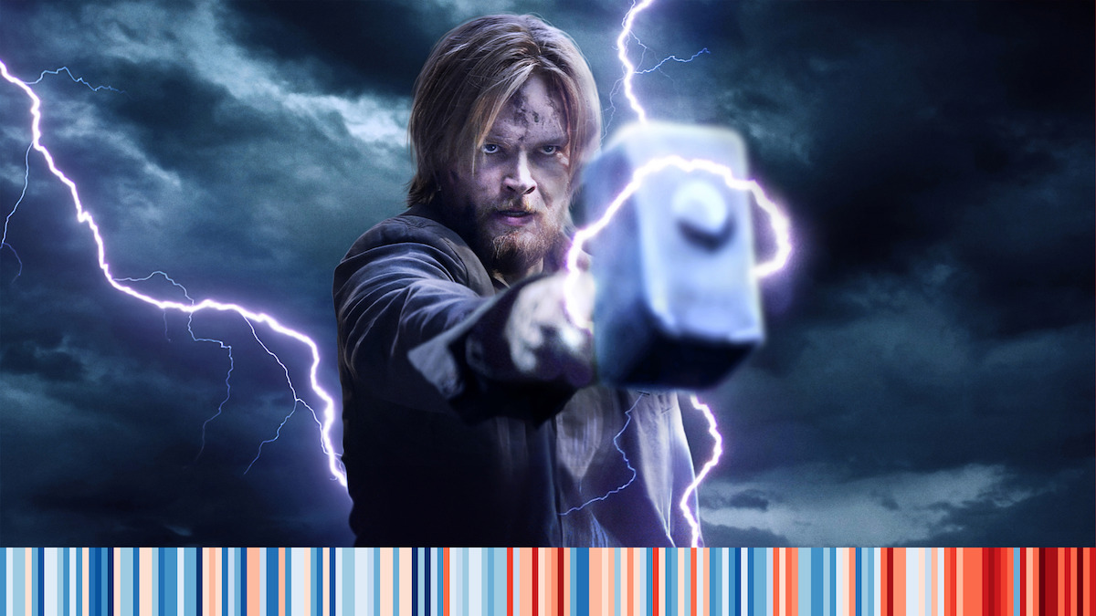 Teenage Thor holds mjlonir as lightning strikes