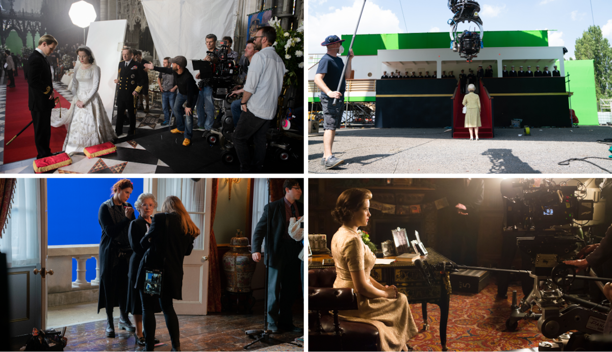 Collage of 4 behind the scenes photos showing the actors on the set of ‘The Crown’