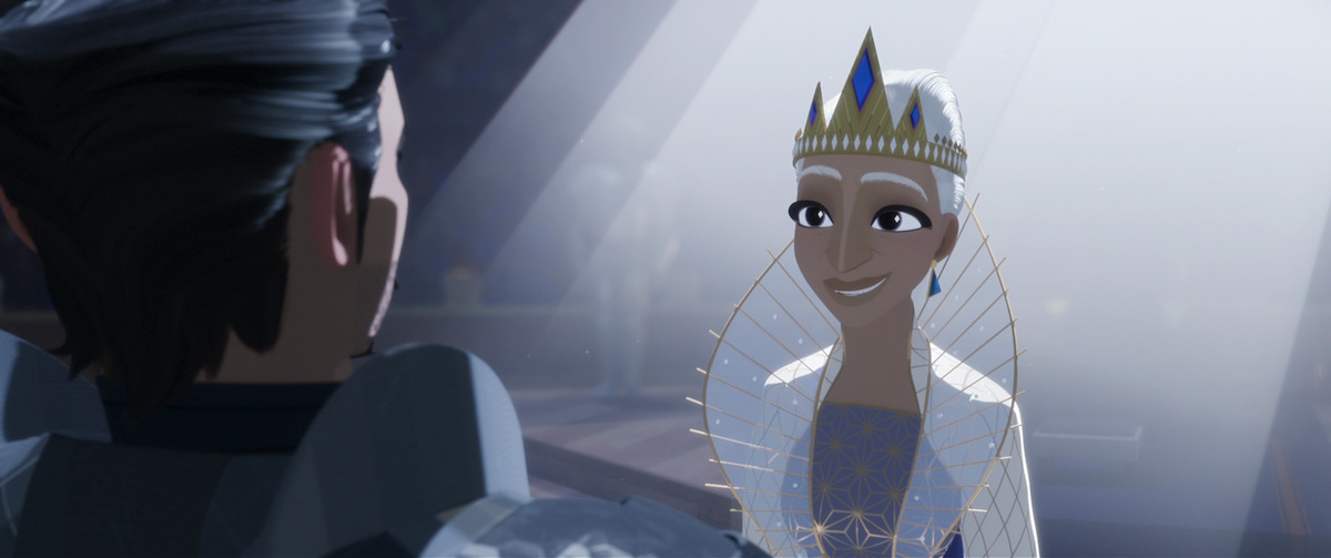 The Queen smiles at Ballister Boldheart in a still from ‘Nimona.’