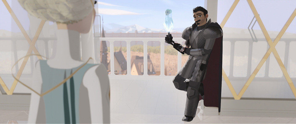 Ballister Boldheart leans against a column in a still from ‘Nimona.’