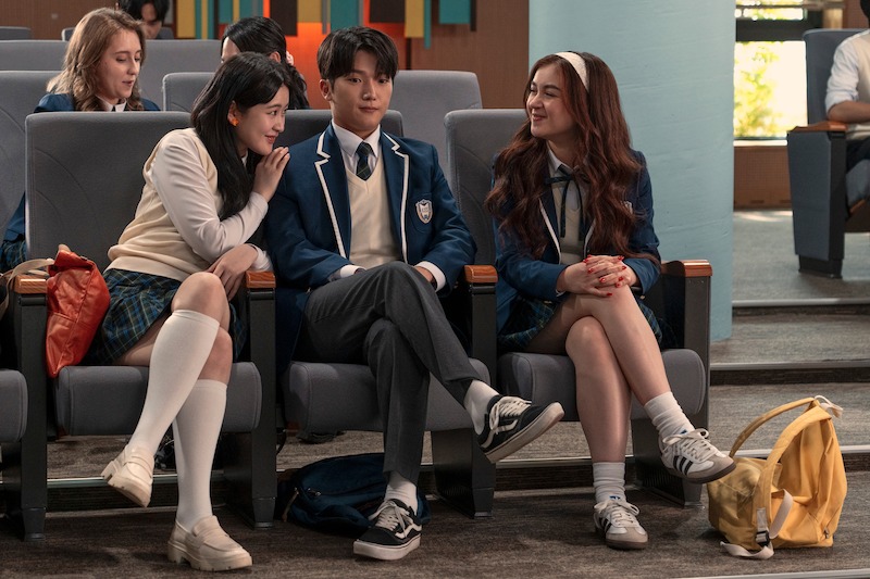 Han Bi Ryu as Eunice Kang, Minyeong Choi as Dae Heon Kim, and Anna Cathcart as Kitty Song Covey in Season 2 of 'XO, Kitty'