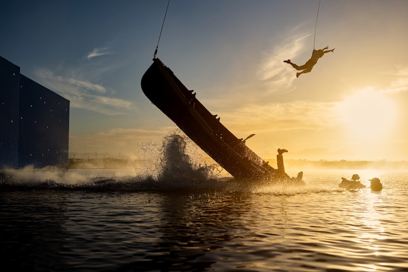 A row boat sinks in the water on set of Season 1 of 'One Piece.'