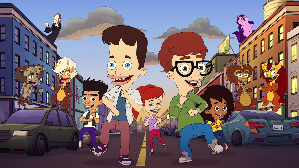 The cast of 'Big Mouth' Season 8 dances in a city street.