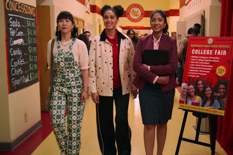 Ramona Young as Eleanor Wong, Lee Rodriguez as Fabiola Torres and Maitreyi Ramakrishnan as Devi in Season 4 of Never Have I Ever.