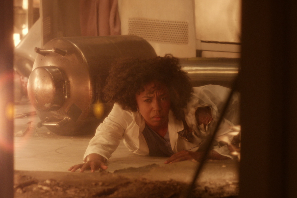 a doctor struggles to escape a burning room. 