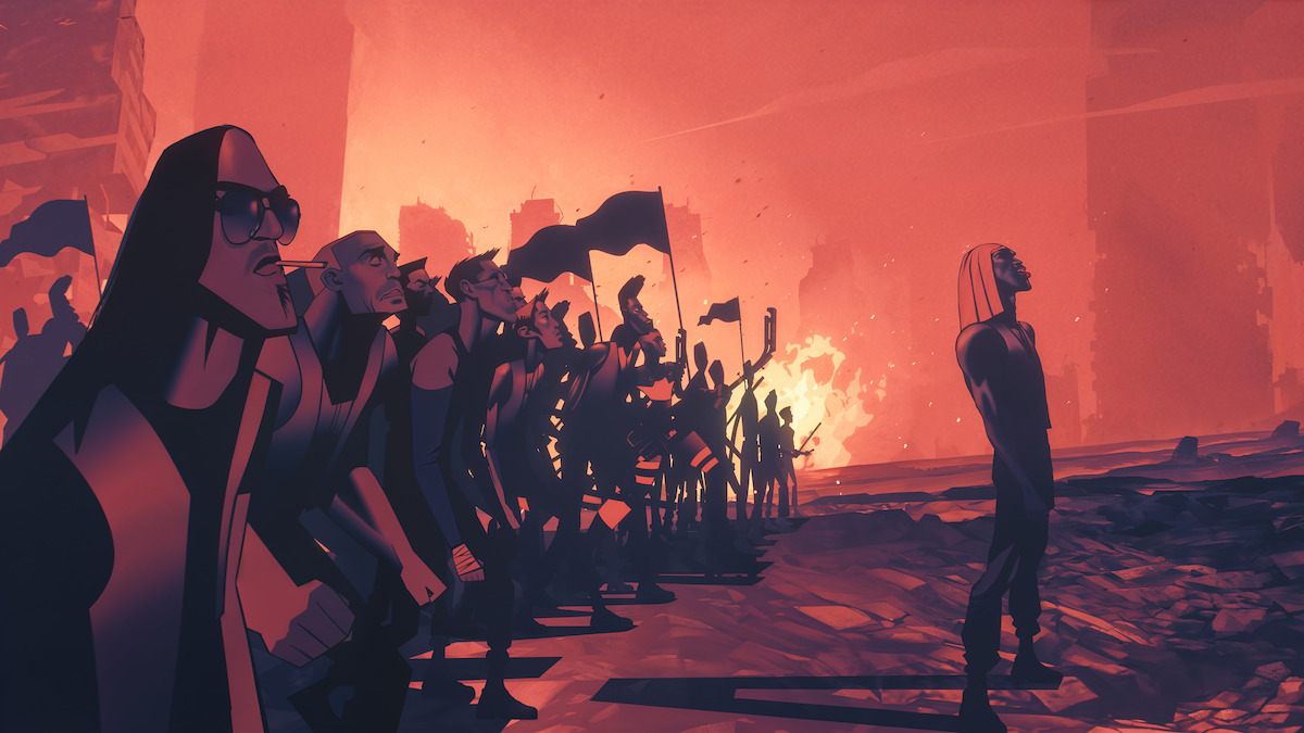 People stand together with a burning city behind them in “400 Boys” from ‘Love, Death, + Robots’ Volume 4