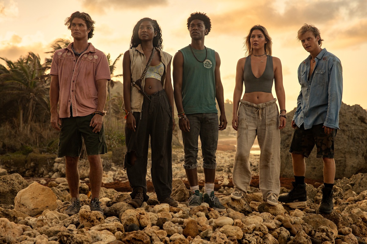 Chase Stokes as John B, Carlacia Grant as Cleo, Jonathan Daviss as Pope, Madelyn Cline as Sarah Cameron, and Rudy Pankow as JJ in 'Outer Banks'. 