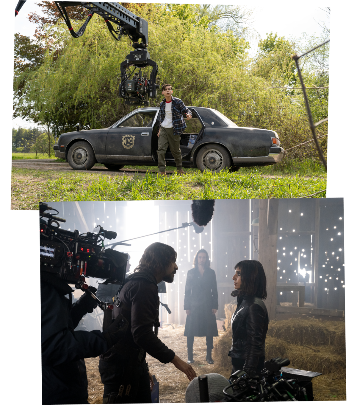 Aidan Gallagher as Number Five, David Castañeda as Diego Hargreeves, Robert Sheehan as Klaus Hargreeves, and Ritu Arya as Lila Pitts of ‘The Umbrella Academy’ series posing behind the scenes during production.