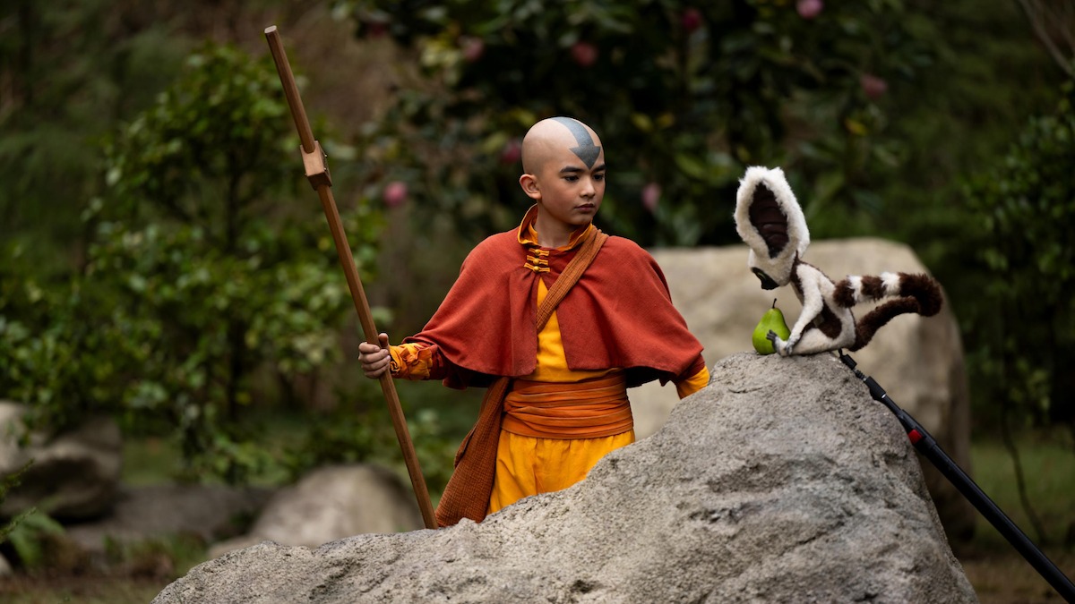 Gordon Cormier as Aang works on set with a puppet of Momo in season 1 of ‘Avatar: The Last Airbender’