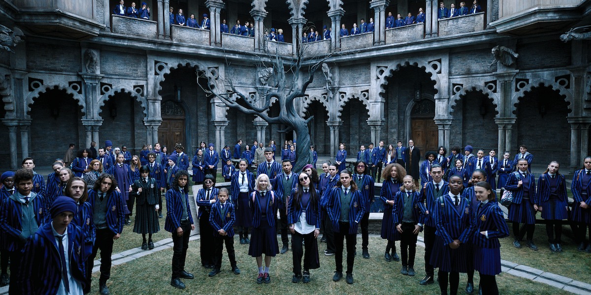 The students of Nevermore academy gather in the courtyard