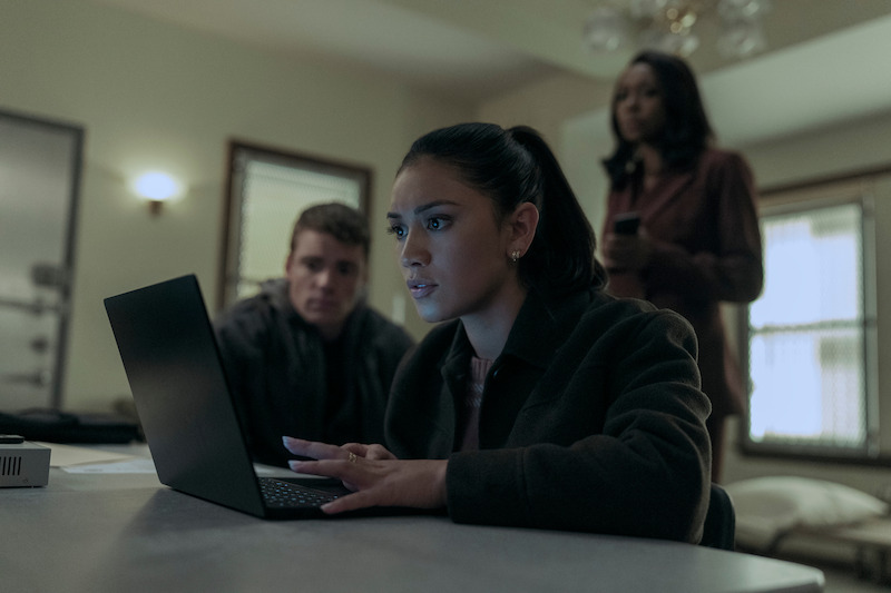 Gabriel Basso as Peter Sutherland, Luciane Buchanan as Rose Larkin, and Amanda Warren as Catherine in Season 2 of 'The Night Agent'