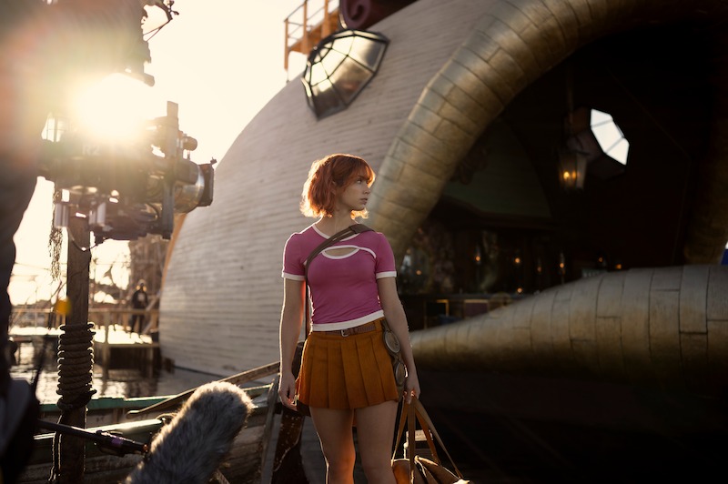 Emily Rudd as Nami filming on the set of Season 1 of 'One Piece.'