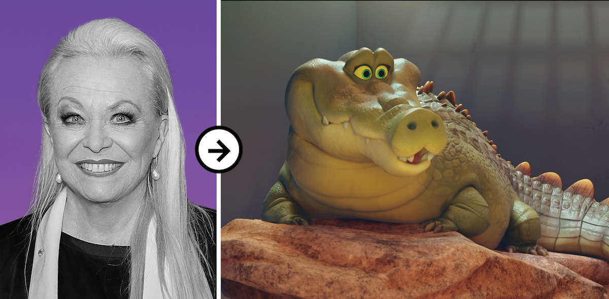 Jacki Weaver is side by side with her character, Jackie the crocodile in 'Back to the Outback'
