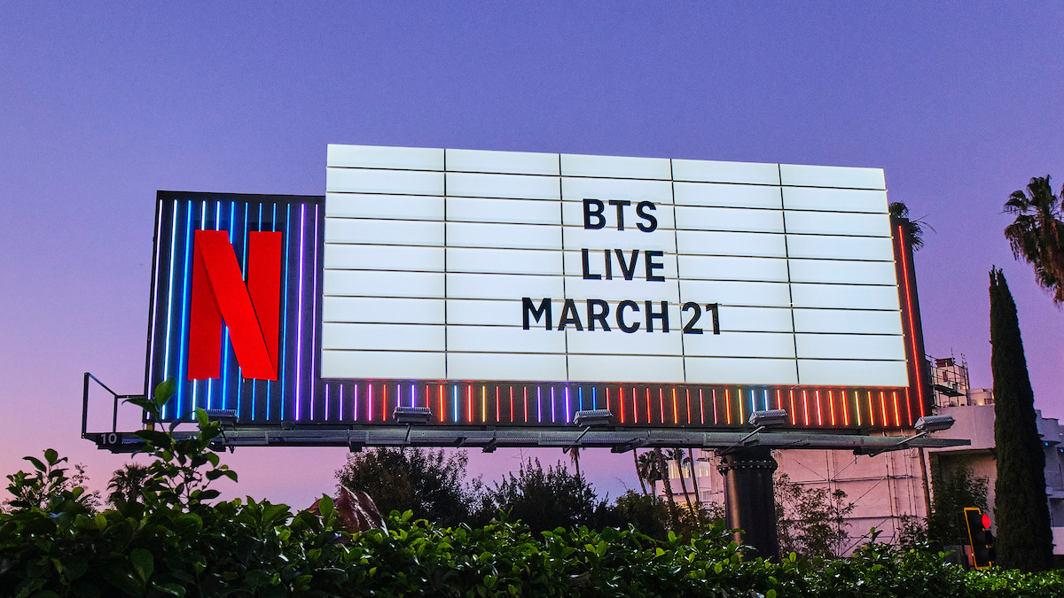 BTS Sunset Marquee billboard ‘BTS Live March 21’