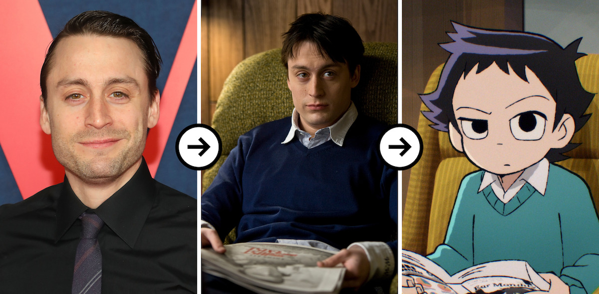 Triptych of images showing a headshot of Kieran Culkin, Kieran Culkin as Wallace Wells in ‘Scott Pilgrim vs. The World,’ and Kieran Culkin as Wallace Wells in ‘Scott Pilgrim Takes Off’