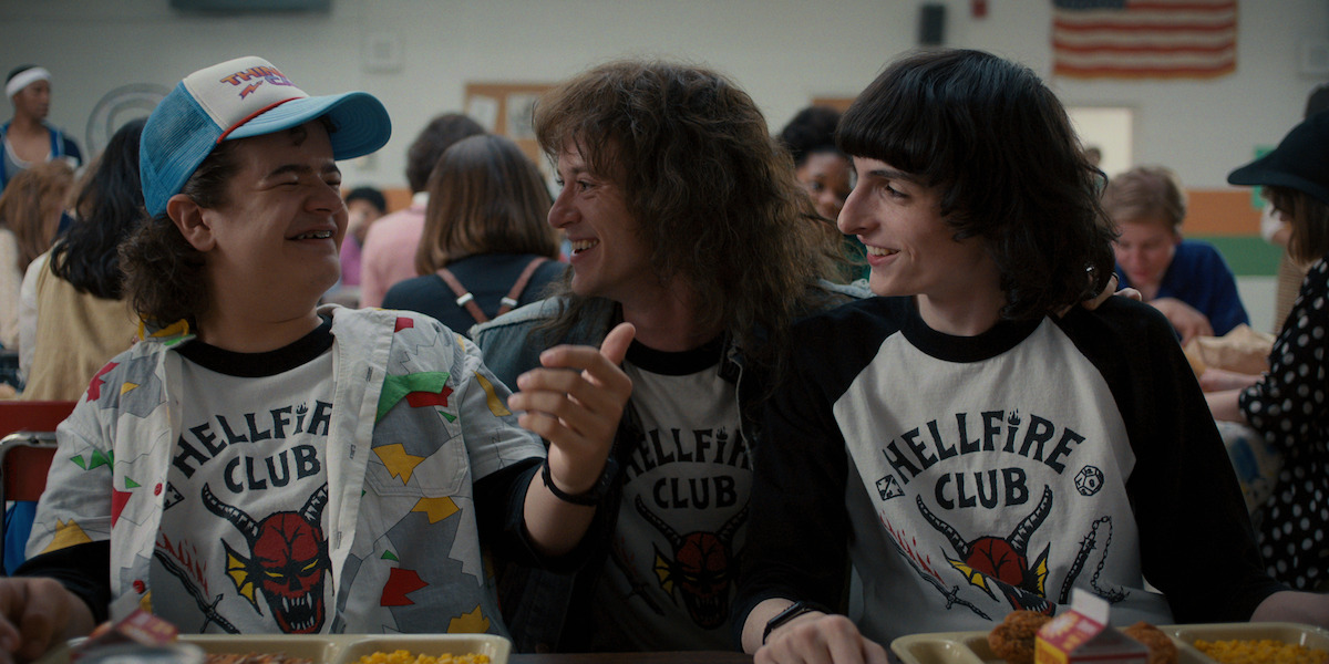 Gaten Matarazzo as Dustin Henderson, Joseph Quinn as Eddie Munson and Finn Wolfhard as Mike Wheeler in ‘Stranger Things 4’