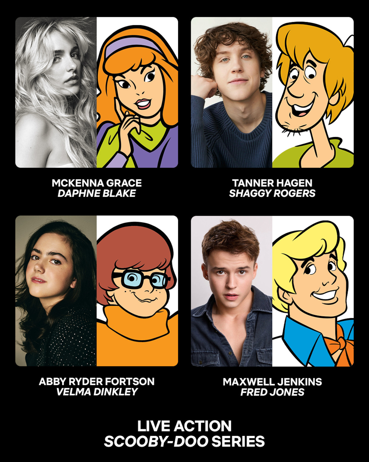 Four actor headshots next to their matching Scooby-Doo cartoon characters, labeled with their names and roles: Daphne Blake, Shaggy Rogers, Velma Dinkley, Fred Jones, promoting a live action Scooby-Doo series.
