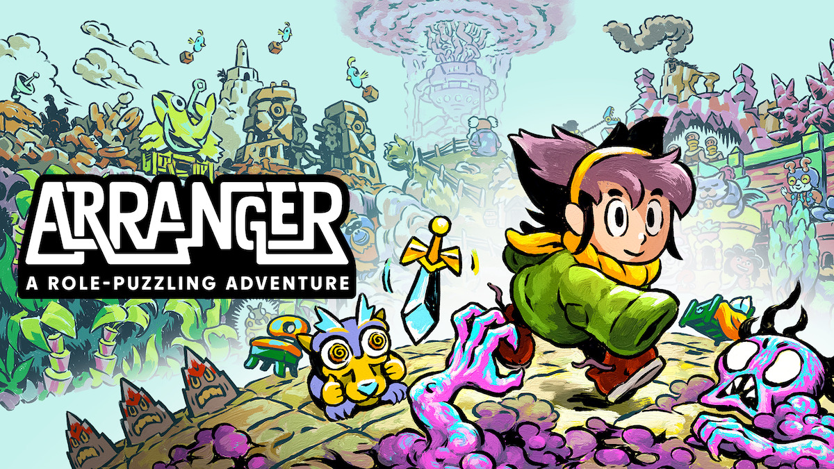 Arranger Key Art - ‘Arranger a Role-Puzzling Adventure’ - a character and his cartoon friend running through a chaotic fantasy world.