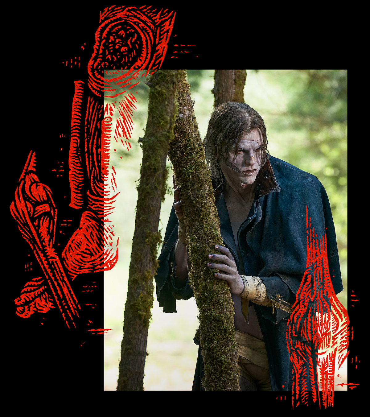A pale, disheveled person in dark clothing hides behind mossy branches in a forest, with red anatomical illustrations overlaid, creating a tense, eerie mood.