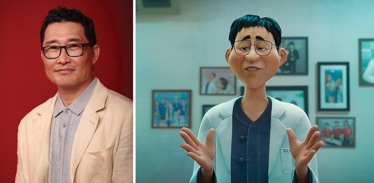 Diptych featuring a headshot of Daniel Dae Kim and an animated still of the Healer in ‘Kpop Demon Hunters’
