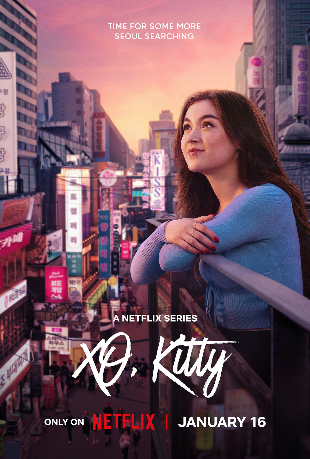 Anna Cathcart as Kitty Song Covey stands on a balcony looking out over Seoul in a poster for XO, Kitty Season 2.