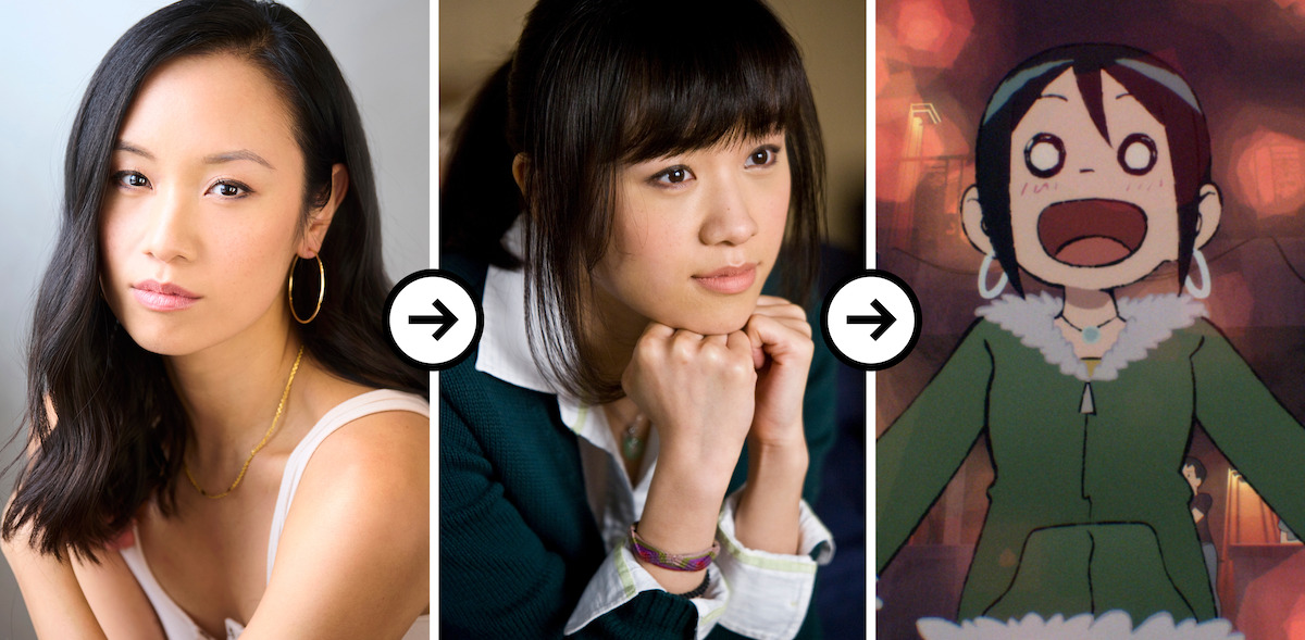 Triptych of images showing a headshot of Ellen Wong, Ellen Wong as Knives Chau in ‘Scott Pilgrim vs. The World,’ and Ellen Wong as Knives Chau in ‘Scott Pilgrim Takes Off’