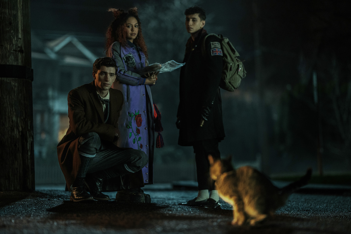 George Rexstrew as Edwin Payne, Kassius Nelson as Crystal Palace and Jayden Revri as Charles Rowland in episode 1 of DEAD BOY DETECTIVES.