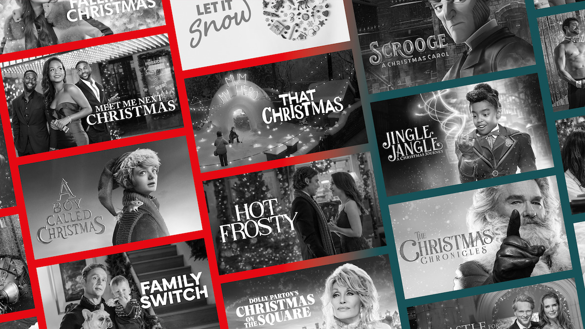 A grid of images showing Netflix Christmas movies. 