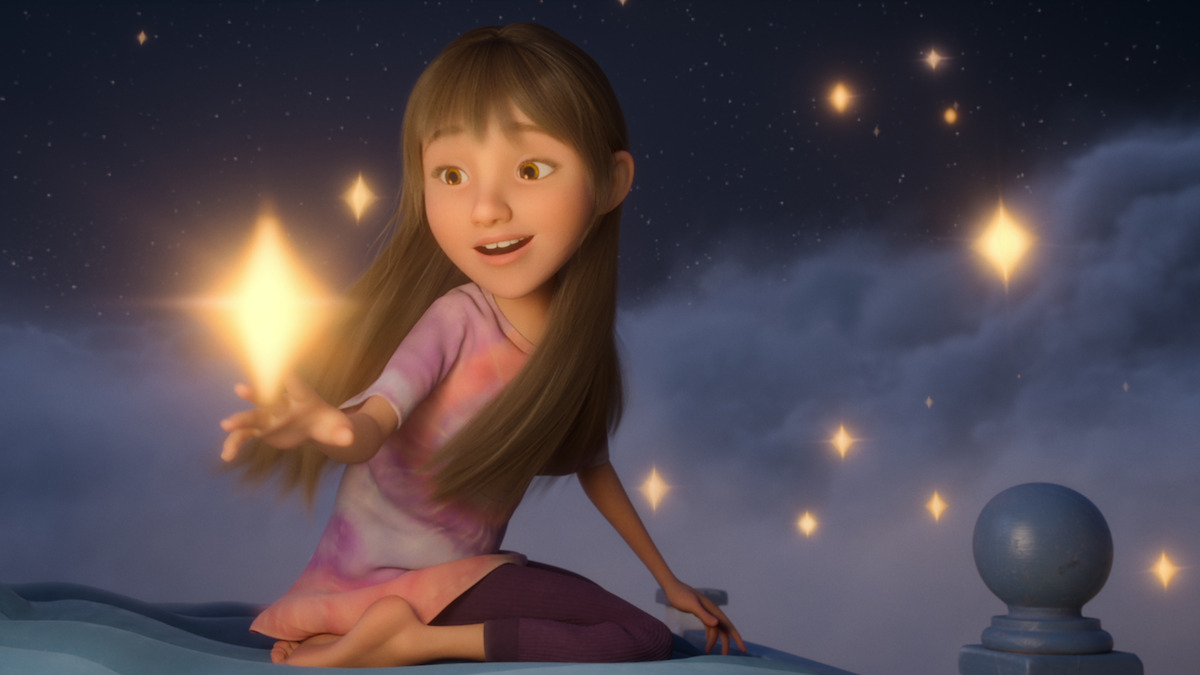 A girl reaches for a star in a bed on the clouds in 'In Your Dreams'